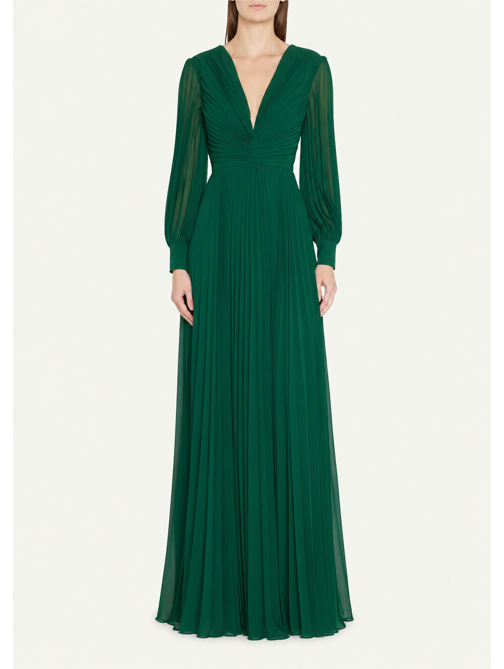 Badgley Mischka Collection Pleated Blouson-Sleeve Deep V-Neck Gown sz 4 Emerald
